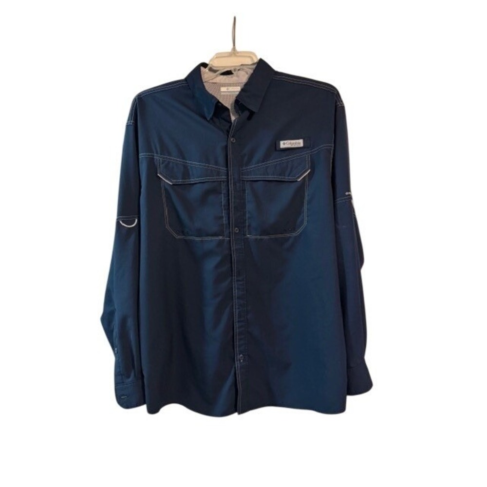 Columbia PFG Mens L Navy Blue Low Drag Offshore Fishing Shirt Long Sleeve FM7074